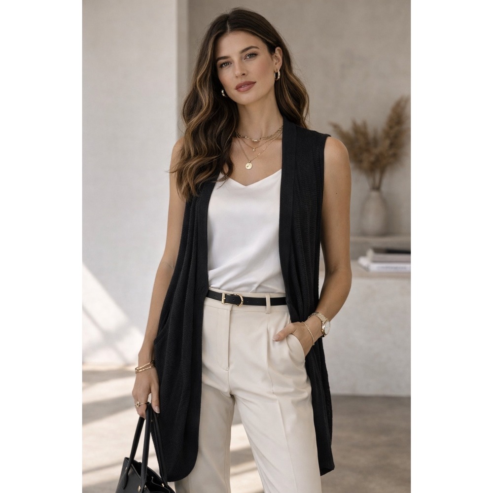 Banana Republic Womens Black Textured Knit Open Front Draped Vest Pockets Large